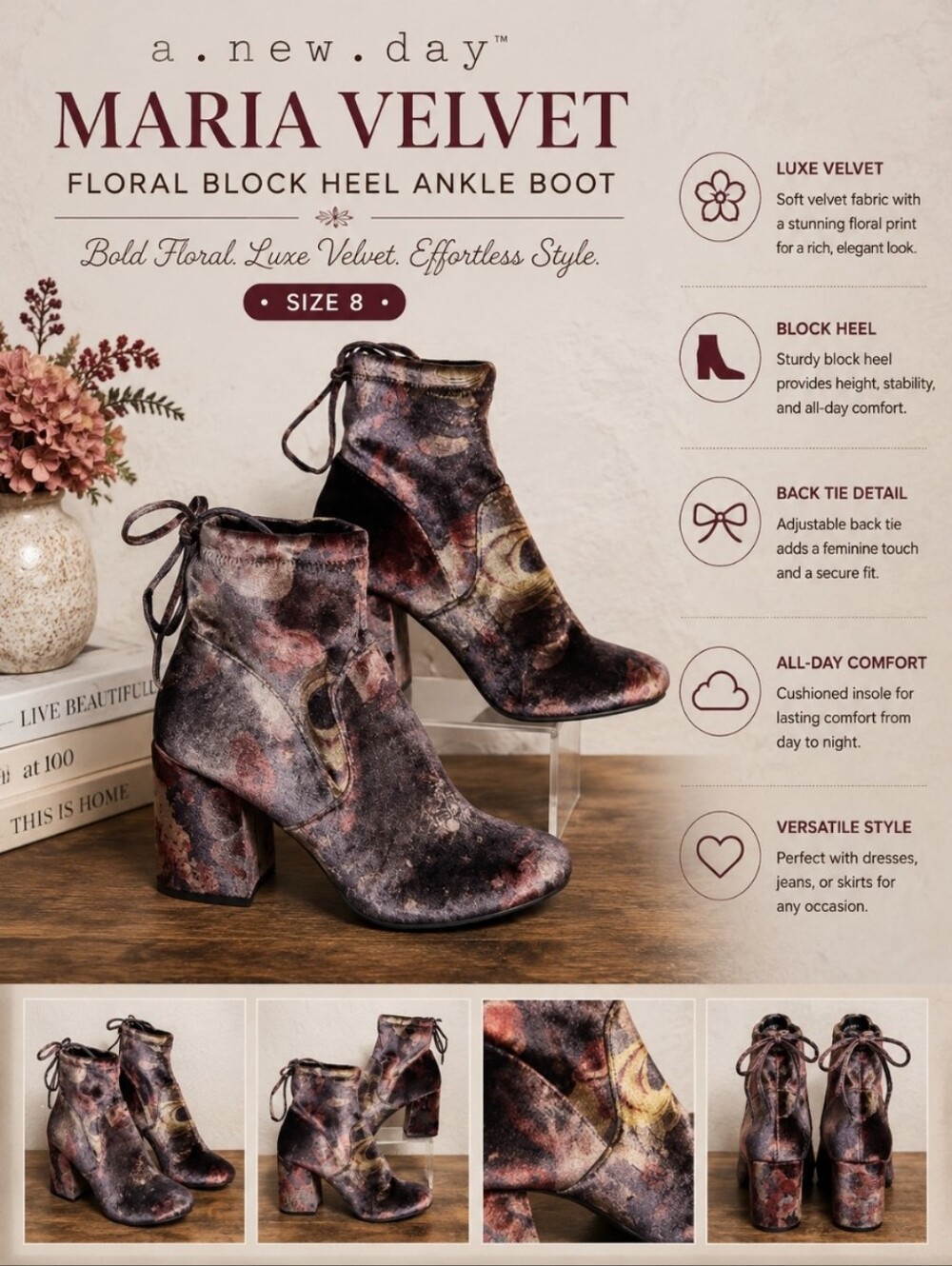 A NEW DAY Maria Velvet Floral Block Heel Ankle Boot 8